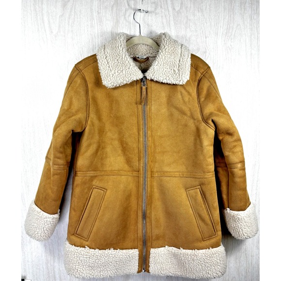 Bearpaw Faux Shearling Sherpa Jacket Tan Cream Zip Moto Coat Womens M - Picture 4 of 9